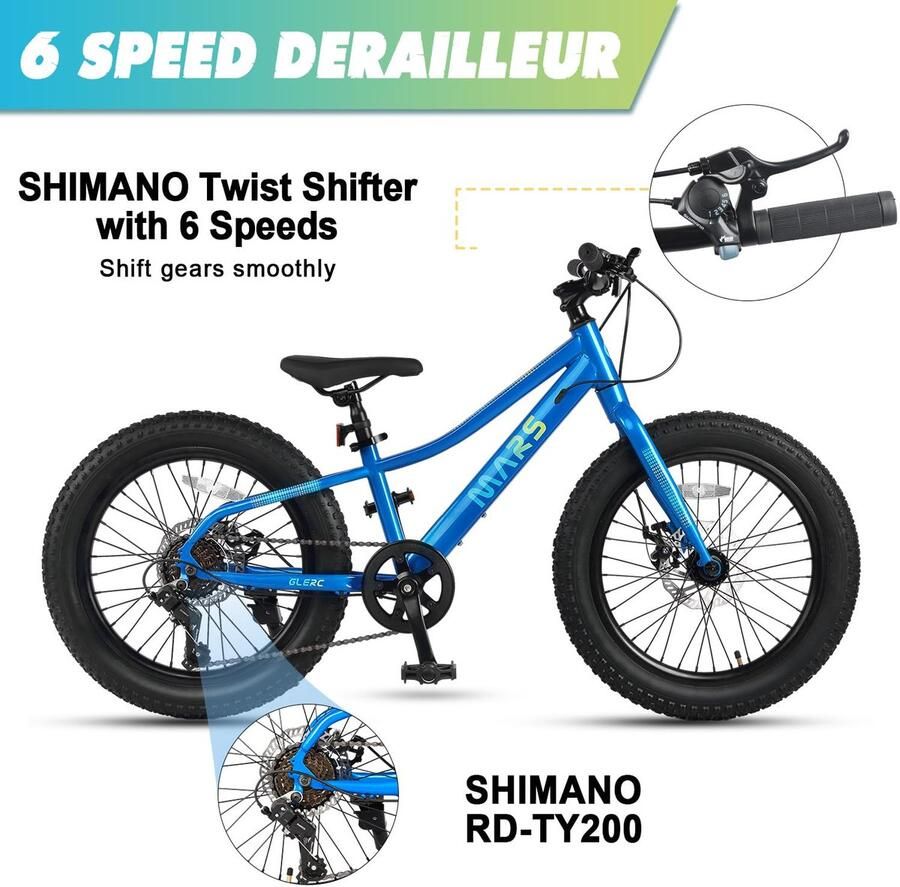 SnelShoppen Kinderfiets 20 Inch Dikke Banden Mountainbike voor en 6 Versnellingen Duale Schijfrem Blauw Voor Leeftijd 6-12 Ja