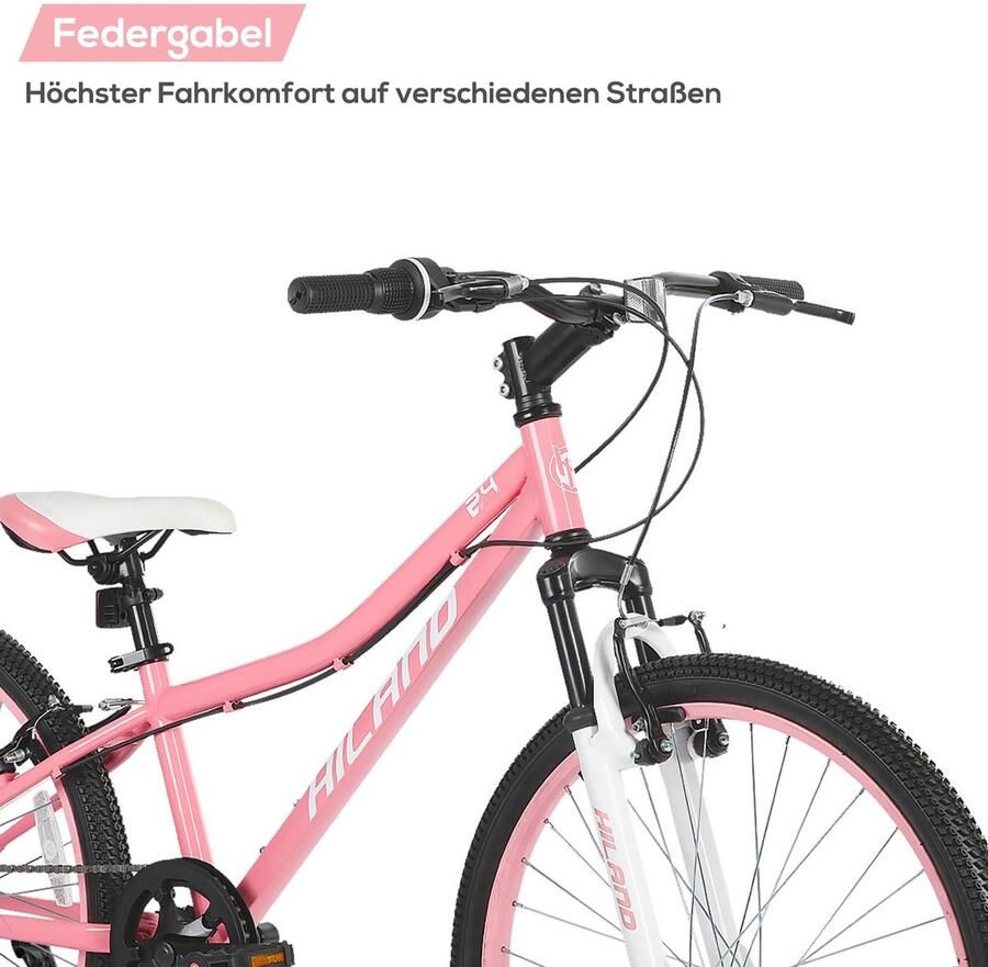 SnelShoppen Kinderfiets 24 inch 7 versnellingen V-rem mountainbike voor kinderen en jongeren met verende vork roze ideaal voor avontuurlijke r