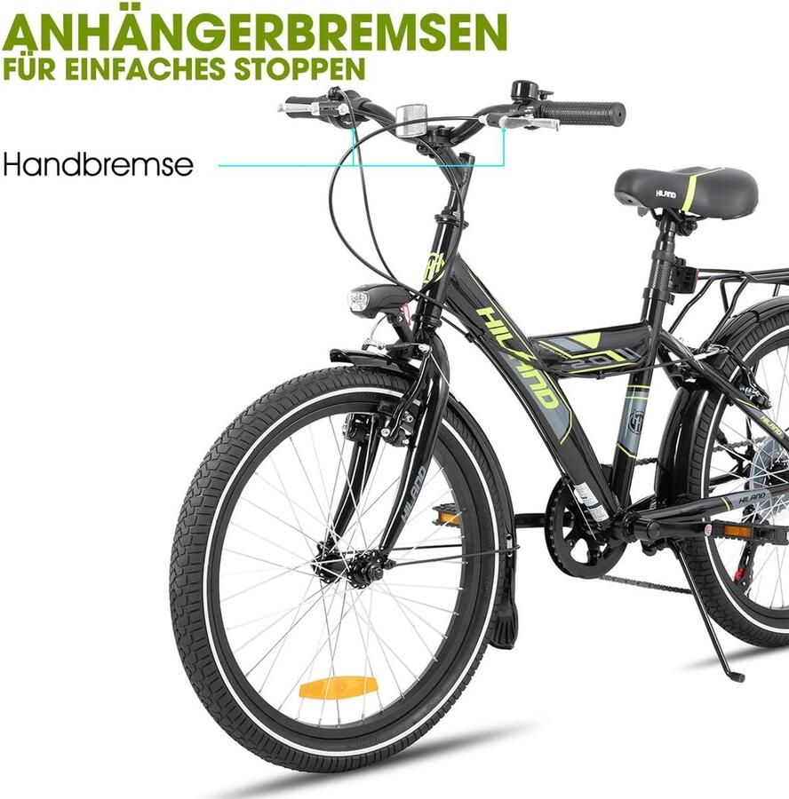 SnelShoppen Kinderfiets Mountainbike 20 inch voor en 6 Versnellingen STVO Verlichting Standaard Zwart Geschikt voor 6-10 Jaar