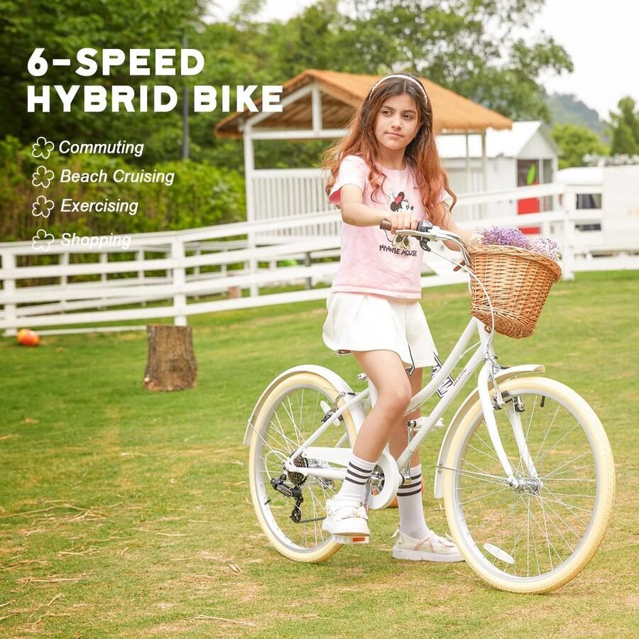 SnelShoppen Meisjesfiets 20 inch Cruiser 6 Versnellingen Hybride Stadsfiets voor Kinderen 6-12 jaar Lichtgewicht Wit met Rieten Mand Perfect voo