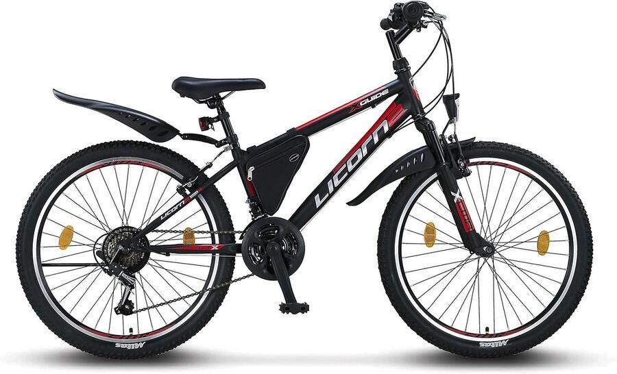SnelShoppen Mountainbike 24 inch voor en Shi o 21 Versnellingen Robuust Fietsframe met Bagage Geschikt voor School en Avontuur
