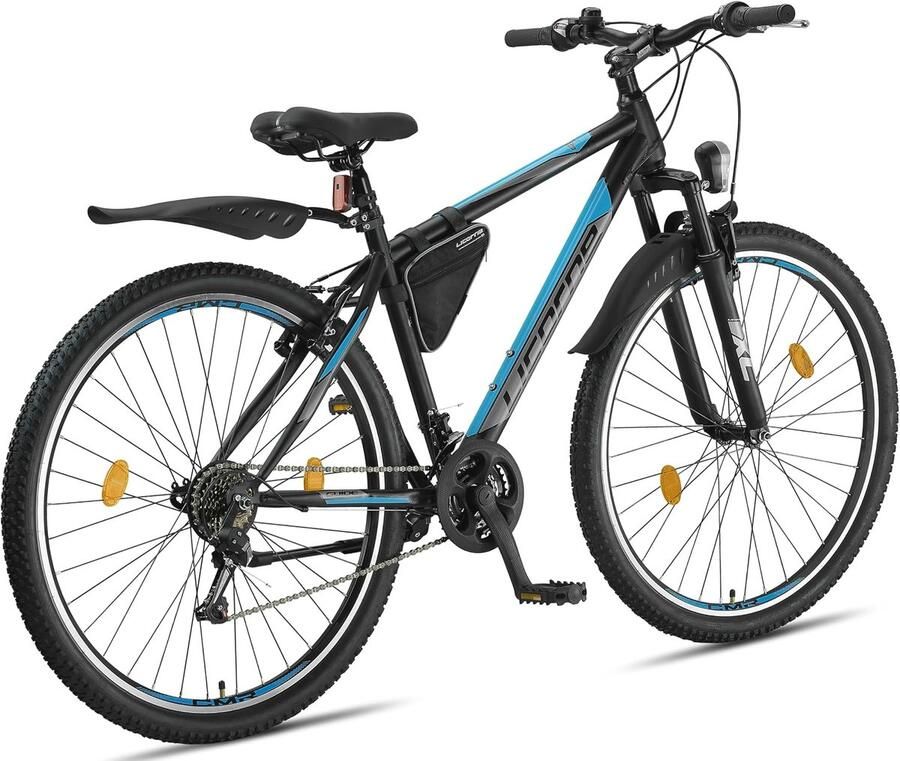 SnelShoppen Premium Mountainbike 29 Met Vering Voor Volwassenen en Tieners Zwart Blauw Met Schijfrem Ideaal Voor Avontuurlijke Fietstochte