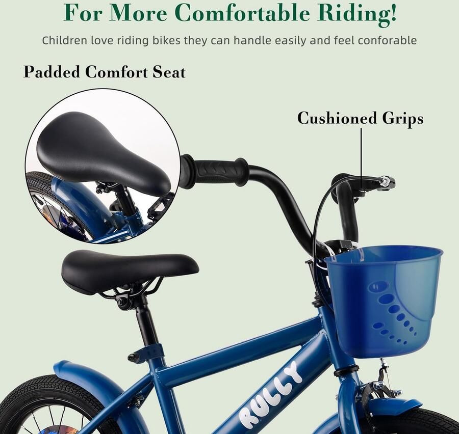 SnelShoppen RULLY Dinosaur 16 inch Jongensfiets voor Kinderen 4-7 Jaar Blauw Met Afneembare Steunwielen Terugtraprem Handrem en Mand
