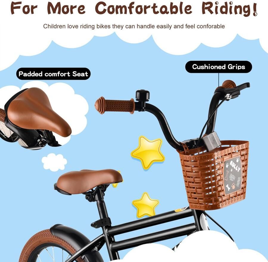 SnelShoppen RULLY Kinderfiets 12 inch Zwart voor Kinderen van 2 tot 4 Jaar met Stabiliserende Wielen Terugtraprem Handrem en Lichte Stalen d