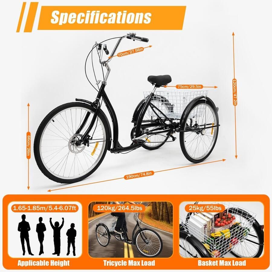 Solidchoice 26 Inch Volwassen Trike 6 Versnellingen Met Winkelmand en Bel Voor Senioren