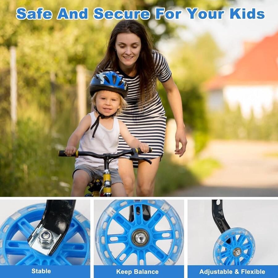 Stabiele steunwielen voor kinderfietsen in blauw verstelbare fietsstabilisatorkit met glinsterend design en één versnelling