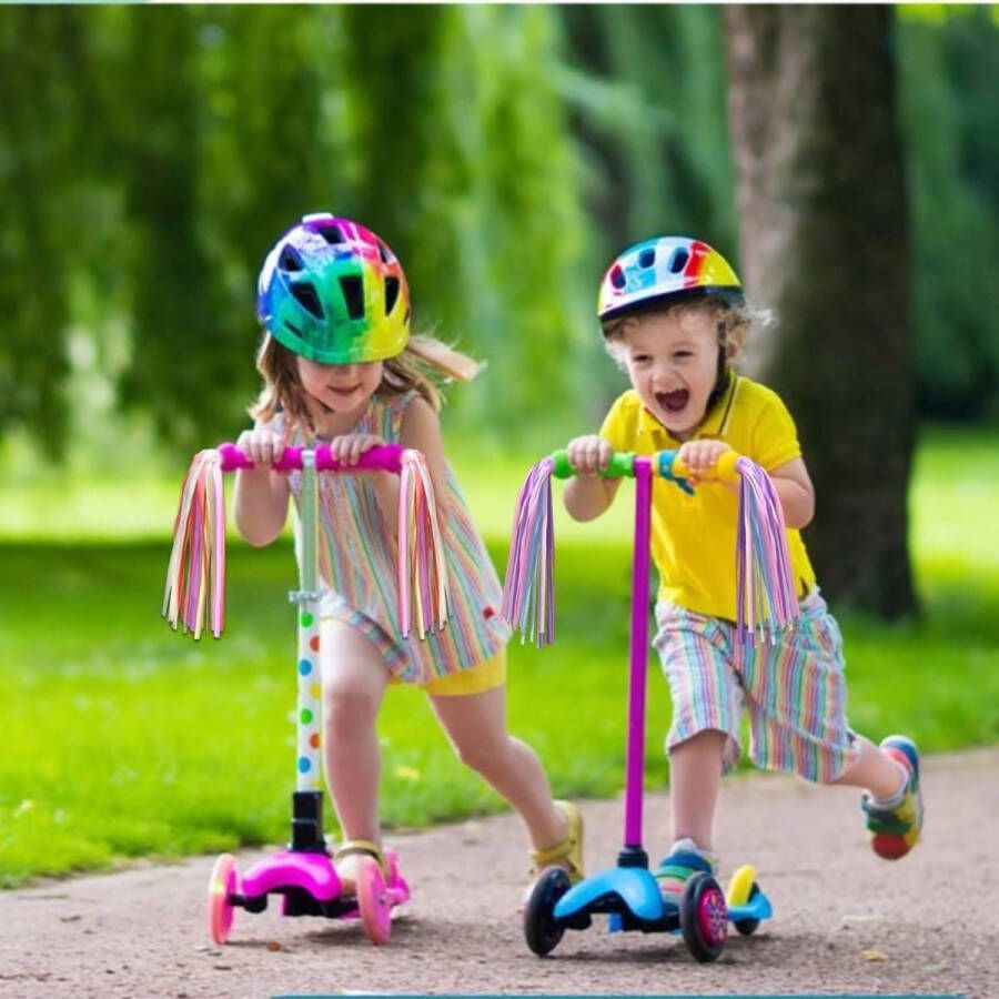 Stuurfranjes streamerbandjes kinderfiets luchtslangen kwaststep kleurrijke bandjes step-handgrepen paars roze blauw