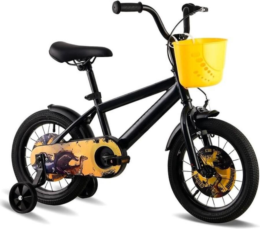 Thuys Kinderfiets 14 Inch met Zijwieltjes – 3–5 Jaar – Dinosaur Design – Handrem & Terugtraprem – Verstelbaar Zadel – Fietsmand – 1 Versnelling – Zwart Geel