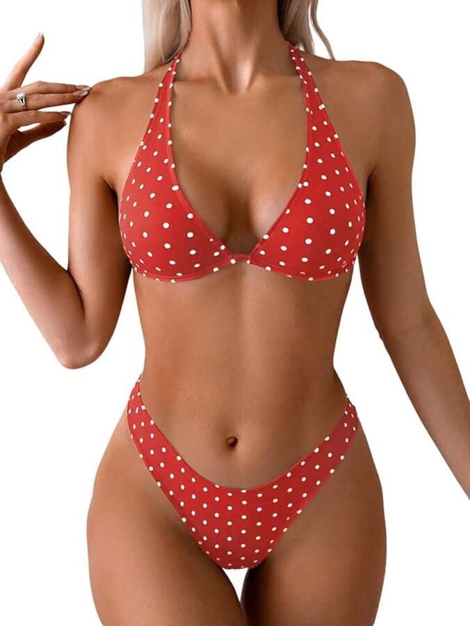 Triangel Bikini Dames Sexy Halter Bikini Met Polka Dots Badpak Retro Stijl Tanga Bikini Badmode Zwempak