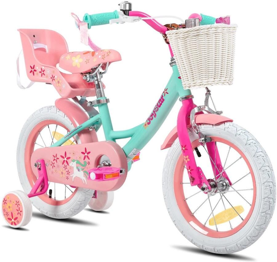 Veya Kinderfiets 14 inch Roze met groen Unicorn 3 tot 5 jaar Mand Poppenzitje Slingers Zijwieltjes