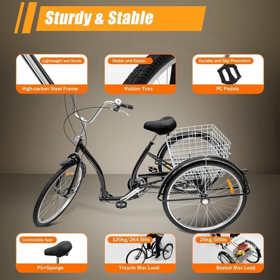 Volwassen Driewieler met d Boodschappen doen Zes versnellingen 26 inch Zwart