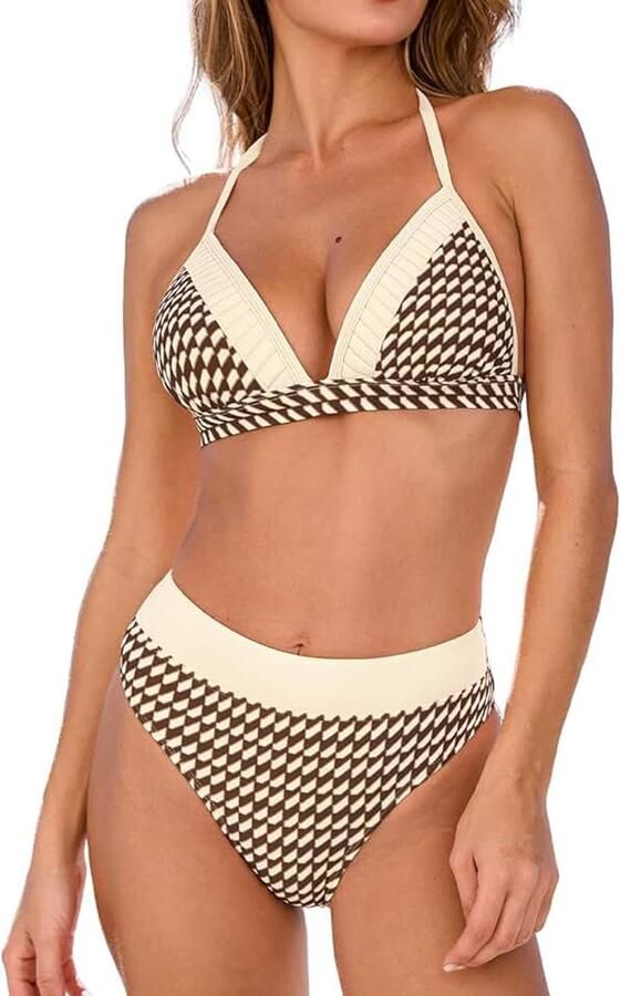 Vrouwen Bikini Set V-hals Kleurblok Tweedelige Badpak Halter Strap Terug Haak Badpak Volledige Dekking Retro - Foto 1