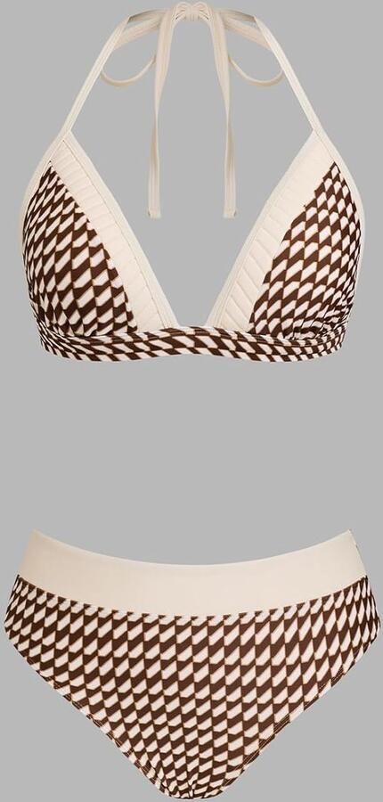 Vrouwen Bikini Set V-hals Kleurblok Tweedelige Badpak Halter Strap Terug Haak Badpak Volledige Dekking Retro