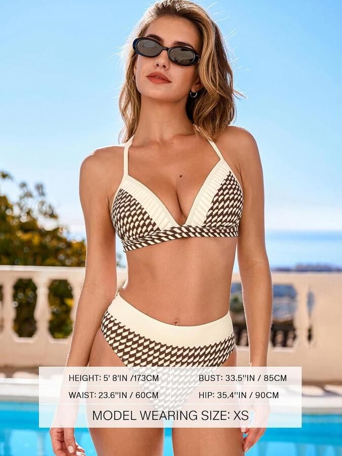 Vrouwen Bikini Set V-hals Kleurblok Tweedelige Badpak Halter Strap Terug Haak Badpak Volledige Dekking Retro