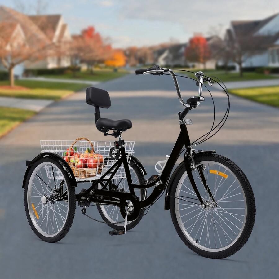 WNHB 24 Inch Driewieler voor Volwassenen Opvouwbare 3-Wiel Fiets met 7 Versnellingen Fiets d Rugleuning en LED Verlichting Zwart