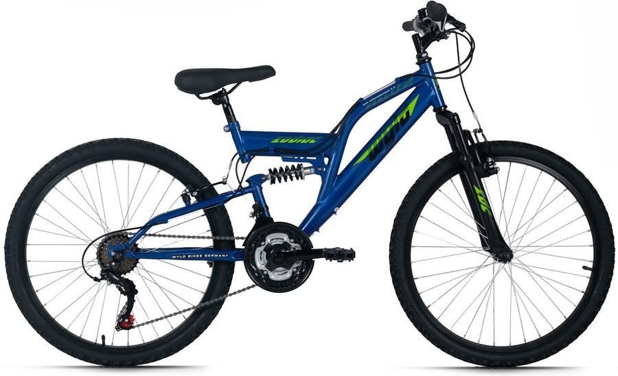WYLD kinder-mountainbike Fully 24'' Zodiac blauw 18 versnellingen rechts 38 cm