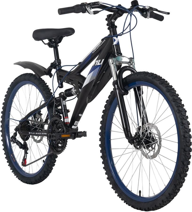 WYLD mountainbike Fully 24'' Bliss zwart-blauw 18 versnellingen rechts 38 cm