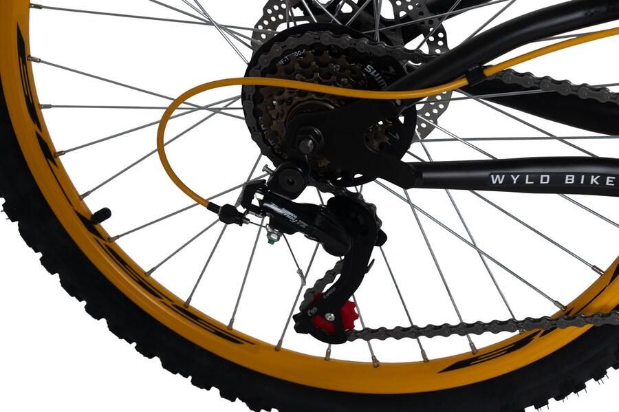 WYLD mountainbike Fully 24'' Bliss zwart-geel 18 versnellingen rechts 38 cm