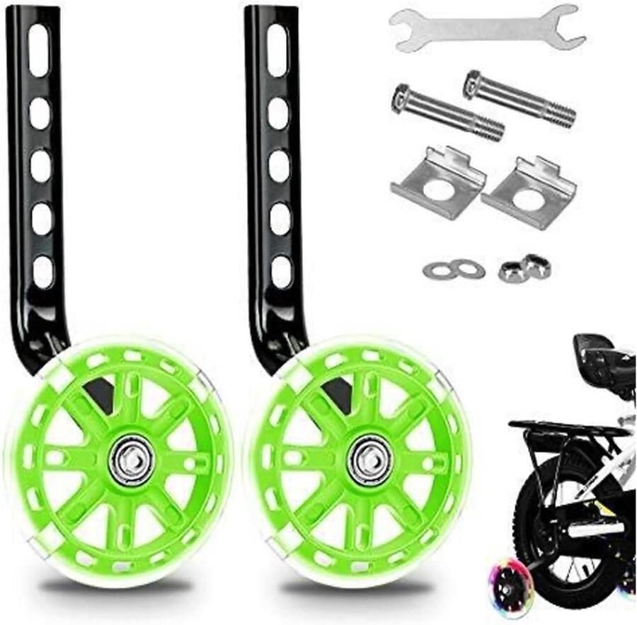 Zijwieltjes Kinderfiets Stabilisatoren Fiets Balans Leren LED Knipperende Wielen 12-20 Inch Groen