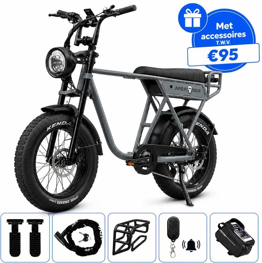 Ebikekopen.com Ape Ryder A10 Pro Lichtgrijs Rijklaar Nieuwste Model Hydraulische rem 2026 2027 In Doos Fatbike Incl. Slot Kettingbeschermer Voetensteuntje Straatlegaal Ebike Elektrische Fiets Met Accessoires