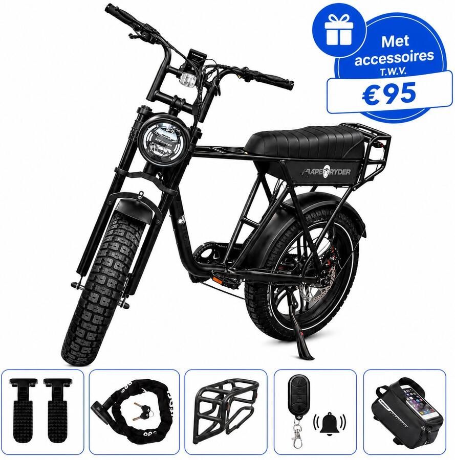 Ebikekopen.com Ape Ryder A10 Pro Zwart Fatbike Rijklaar 2026 2027 Model Hydraulische rem Incl. Slot Kettingbeschermer Voetensteuntje Straatlegaal Ebike Elektrische Fiets Met Accessoires