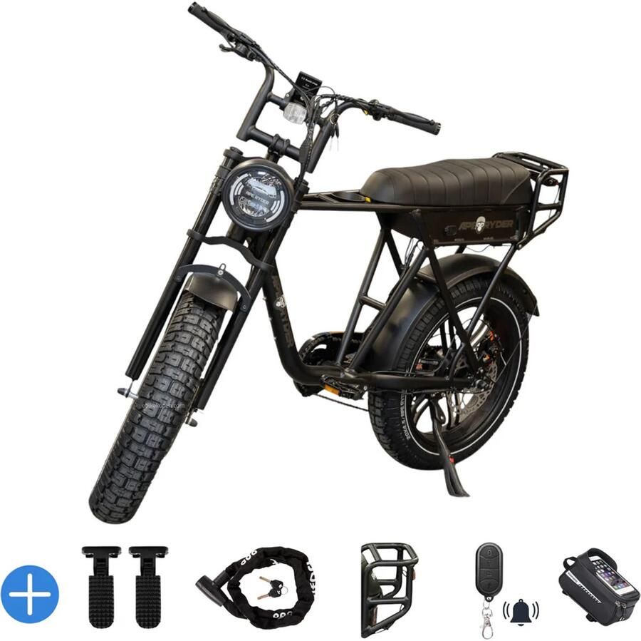 Ebikekopen.com Ape Ryder A10 Pro Zwart Fatbike Rijklaar 2026 2027 Model Hydraulische rem Incl. Slot Kettingbeschermer Voetensteuntje Straatlegaal Ebike Elektrische Fiets Met Accessoires