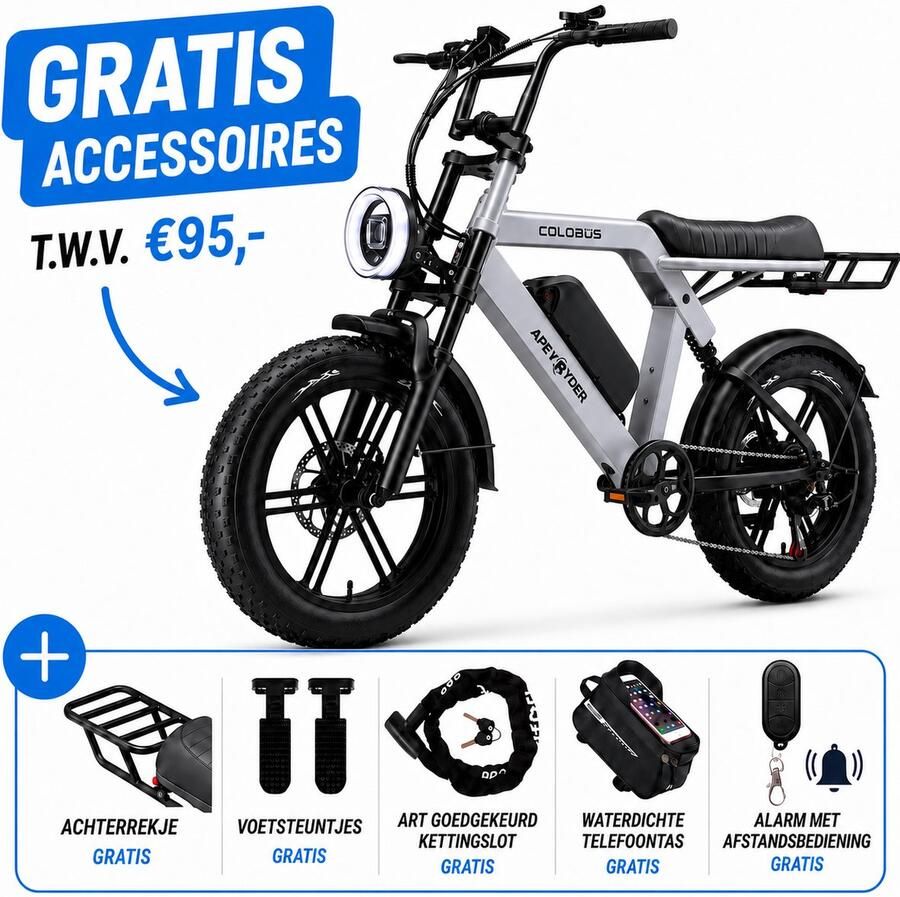 Ebikekopen.com Aperyder Colobus Lichtgrijs Fatbike Incl. Slot Kettingbeschermer Voetensteuntje -Straatlegaal Ebike Elektrische Fiets Met Accessoires
