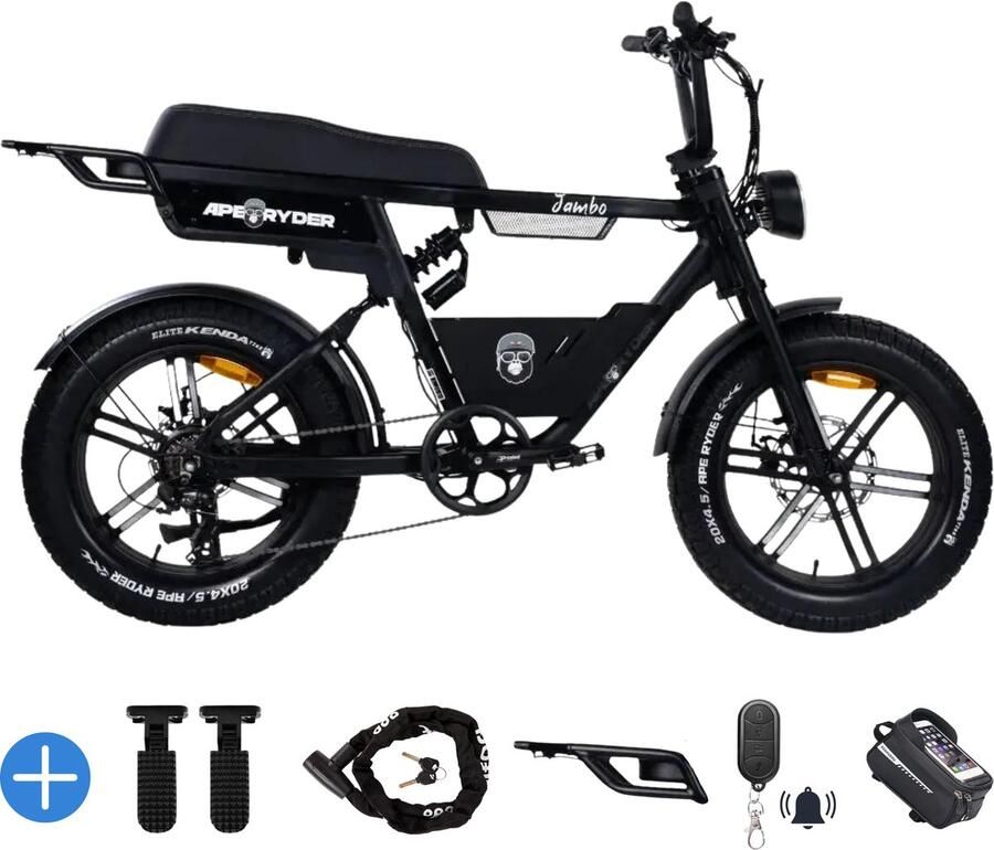 Ebikekopen.com ApeRyder Jambo Pro Rijklaar Nieuwste Model Hydraulische rem 2025 2026 Model Incl. Slot Telefoonhouder Alarmsysteem Voorrekje Voetensteuntje Met Accessoires Straatlegaal Ebike Elektrische Fiets ApeRyder