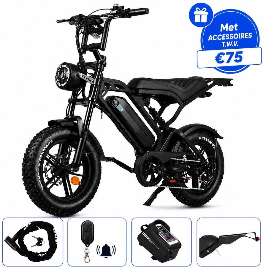 Ebikekopen.com Fatbike V20 Mini Rijklaar Nieuwste Model Hydraulische rem 2026 2027 Model Incl. Slot Telefoonhouder Alarmsysteem Achterrekje Voetensteuntje Met Accessoires Elektrische Fiets Bluethooth Speaker QmWheel