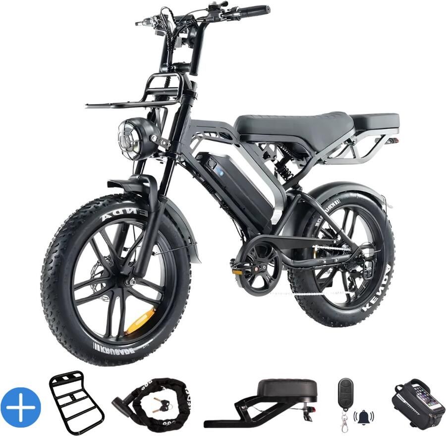 Ebikekopen.com Fatbike V20 Pro 7.0 Donker Grijs Special Edition 2025 2026 Model Hydraulische rem Incl. Slot Telefoonhouder Alarmsysteem Voorrekje Voetensteuntje Straatlegaal Ebike Fatbike Elektrische Fiets Qmwheel