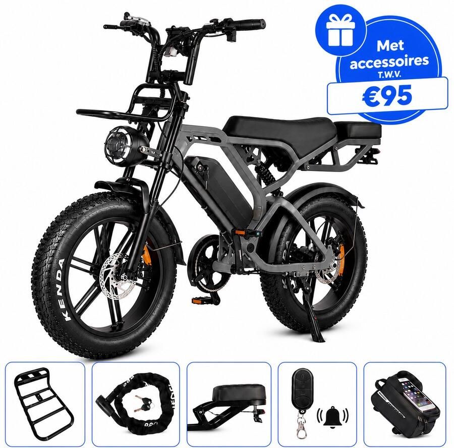 Ebikekopen.com Fatbike V20 Pro 7.0 Donker Grijs Special Edition 2025 2026 Model Hydraulische rem Incl. Slot Telefoonhouder Alarmsysteem Voorrekje Voetensteuntje Straatlegaal Ebike Fatbike Elektrische Fiets Qmwheel
