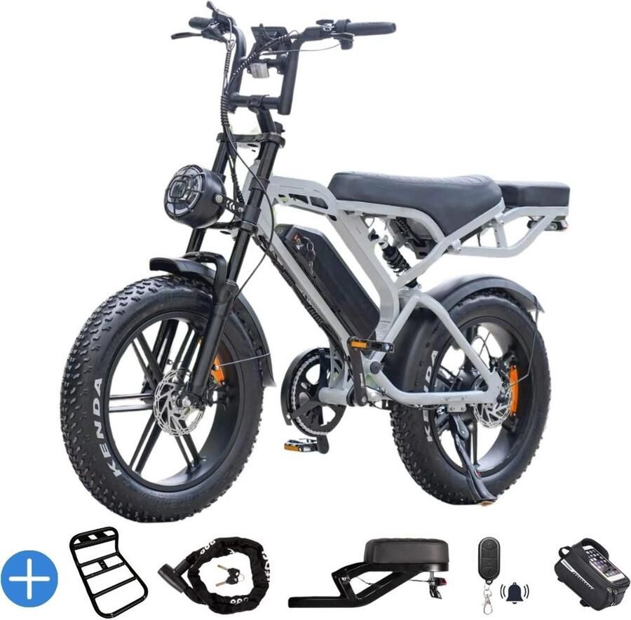 Ebikekopen.com V20 Pro Licht Grijs Rijklaar Special Edition Hydraulische rem 2026 2027 Model Incl. Slot NFC-chip Telefoonhouder Alarmsysteem Voorrekje Voetensteuntje Met Accessoires Ebike Elektrische Fiets QMwheel