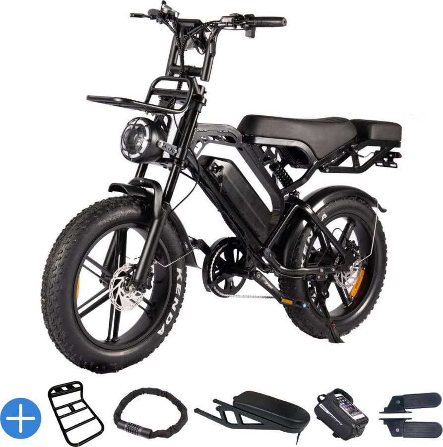 Ebikekopen.com Fatbike V20 Pro 6.0 Hydraulische rem 2025 Model Incl. Slot Alarmsysteem Voorrekje Achterzitje Kettingbeschermer Voetensteuntje Straatlegaal Ebike Elektrische Fiets Met Accessoires