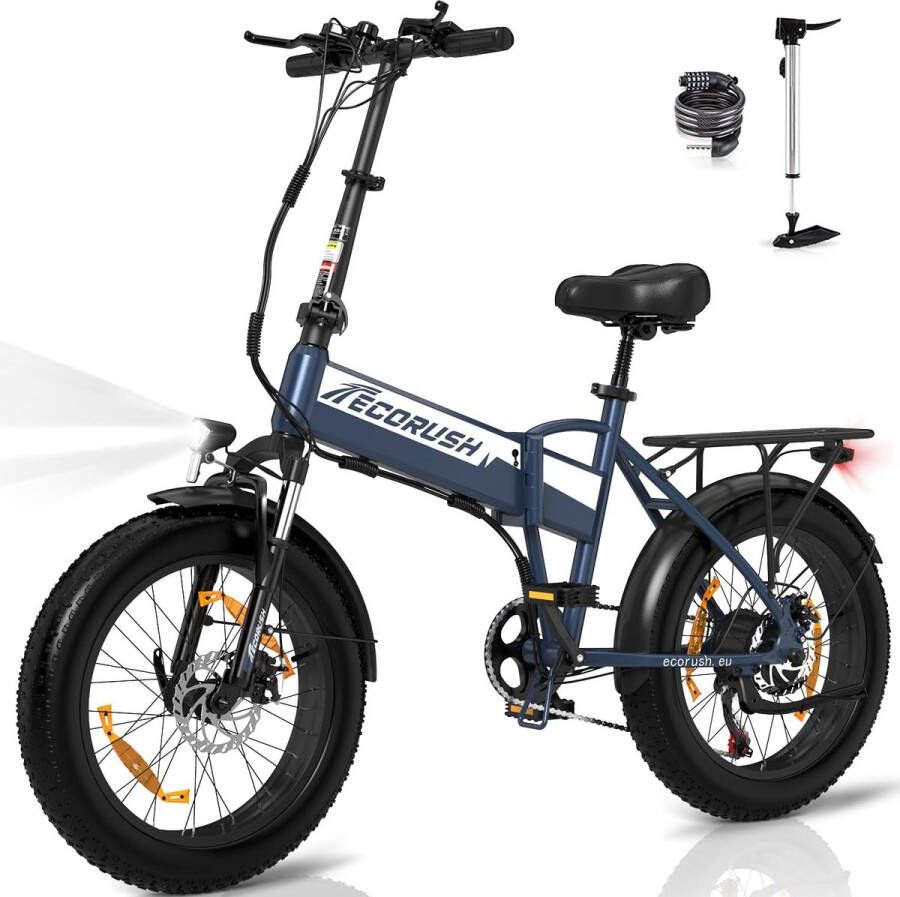 ECORUSH Elektrische Fiets ER10S 20*4.0 Inch Fat Tire City Commuter EBike met Afneembare 48V 12Ah Lithium Batterij Opvouwbaar Mountain E-Bike met 250W Motor 7 Versnellingen IP54 Waterdicht