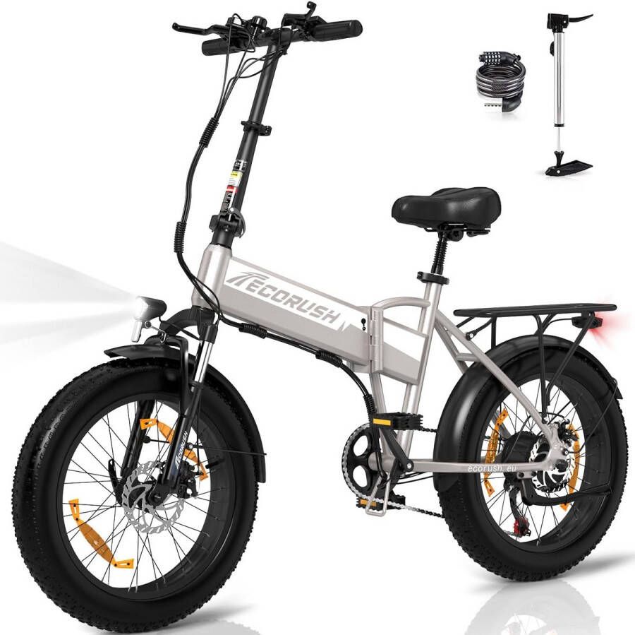 ECORUSH Elektrische Fiets ER10S Trendy 20*4.0 Inch Fat Tire City Commuter EBike met Afneembare 48V 12Ah Lithium Batterij Opvouwbaar Mountain E-Bike met 250W Motor 7 Versnellingen IP54 Waterdicht