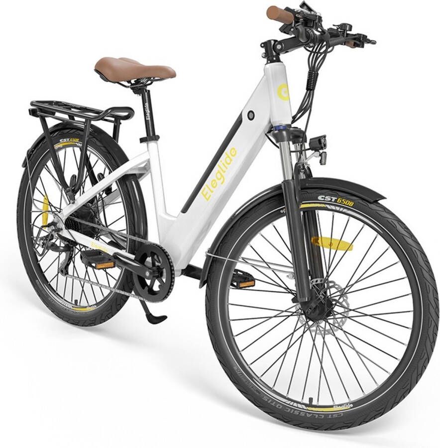 Eleglide T1 Step-Thru elektrische trekkingfiets 27 5 Inch CST-banden 36V 13Ah accu 250W borstelloze motor 25Km h Shimano 7 versnellingen 100km maximaal bereik IPX4 waterdicht 120kg maximale belasting Dubbele schijfremmen Wit