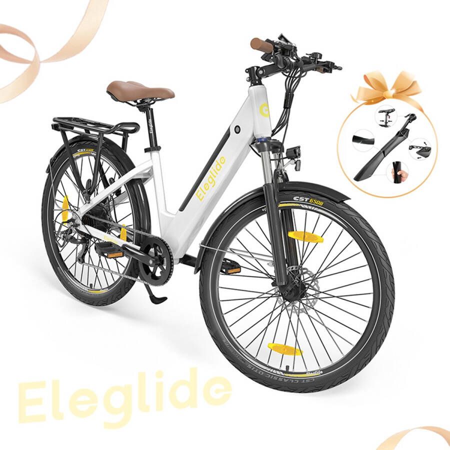 Eleglide T1 Step-Thru elektrische trekkingfiets 27 5 Inch CST-banden 36V 13Ah accu 250W borstelloze motor 25Km h Shimano 7 versnellingen 100km maximaal bereik IPX4 waterdicht 120kg maximale belasting Dubbele schijfremmen Wit