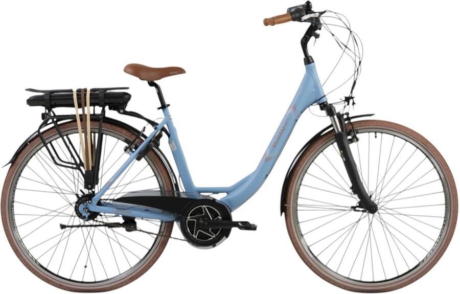 Eluxo E-Voltage City N8 Elektrische Fiets Pastelblauw 28 inch Accu 468Wh 250W Bewo Middenmotor Shi o Revoshifter 8 Versnellingen V-Brake Rem