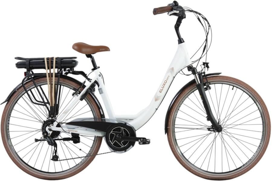Eluxo E-Voltage D9 Elektrische Fiets Mat Wit 28 inch Accu 468Wh 250W Bewo Middenmotor Shi o Altus 9 Versnellingen V-Brake Rem