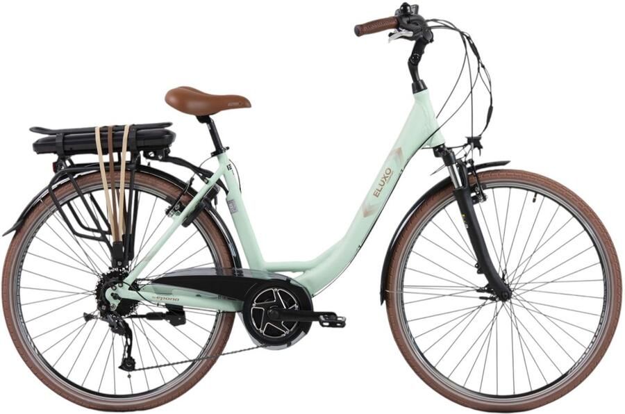 Eluxo E-Voltage D9 Elektrische Fiets Mintgroen 28 inch Accu 468Wh 250W Bewo Middenmotor Shi o Altus 9 Versnellingen V-Brake Rem