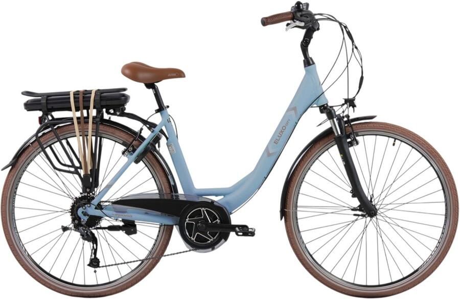 Eluxo E-Voltage D9 Elektrische Fiets Pastelblauw 28 inch Accu 468Wh 250W Bewo Middenmotor Shi o Altus 9 Versnellingen V-Brake Rem