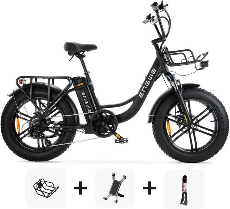 Engwe Black Friday Super Deal! L20 Zwart + Voorrekje + Kettingslot + Telefoonhouder 250W Elektrische Fatbike