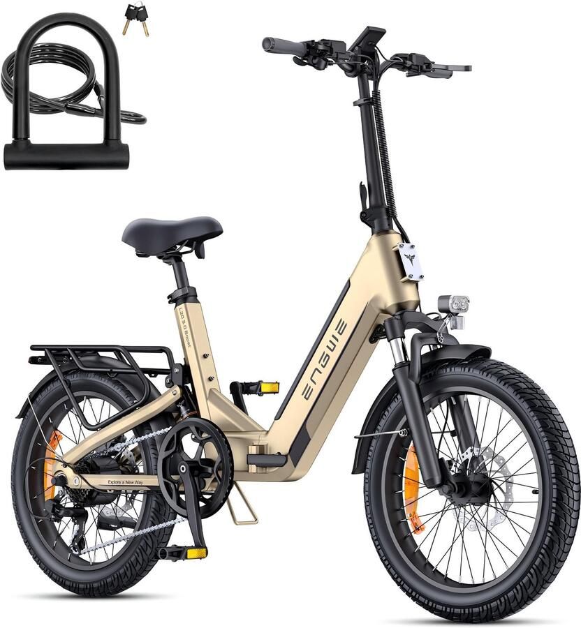 Engwe L20 3.0 Boost Elektrische fiets Actieradius 135km Verwijderbare batterij 48V13.5Ah Motor 250W Shi o 7 versnellingen Hydraulische schijfrem 20 Inch Commuter E-Bike Fatbike goud- Inclusief fietsslotcombinatie