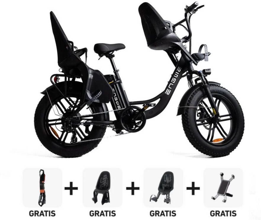 Engwe L20 Family Elektrische Fatbike E-bike Inclusief Kinderzitjes Inclusief Kettingslot Inclusief Telefoonhouder 20 Inch 250W Motor 7 Versnellingen 140 km Actieradius Mechanische Schijfrem Zwart