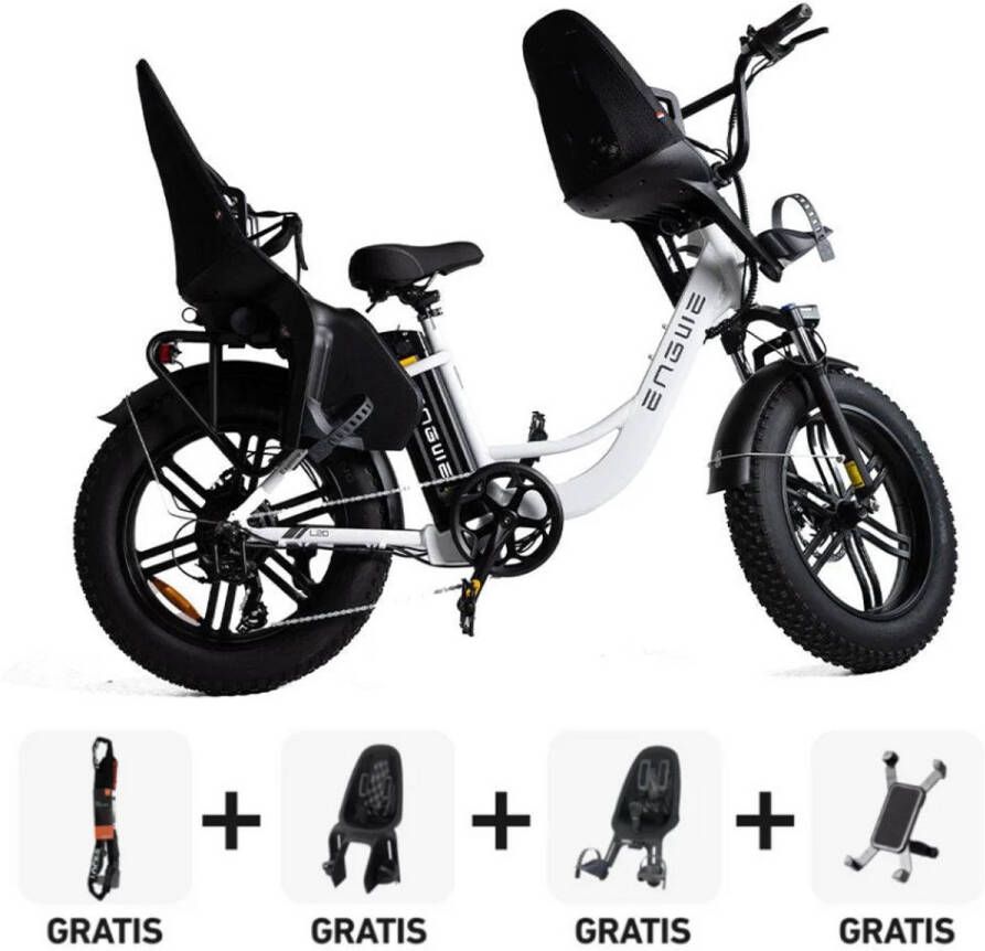 Engwe L20 Family Elektrische Fatbike E-bike Inclusief Kinderzitjes Inclusief Kettingslot Inclusief Telefoonhouder 20 Inch 250W Motor 7 Versnellingen 140 km Actieradius Mechanische Schijfrem Wit