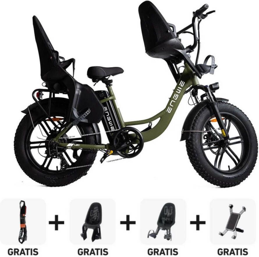 Engwe L20 Family Elektrische Fatbike E-bike Gratis Kinderzitjes Gratis Kettingslot Gratis Telefoonhouder 20 Inch 250W Motor 7 Versnellingen 140 km Actieradius Mechanische Schijfrem Groen