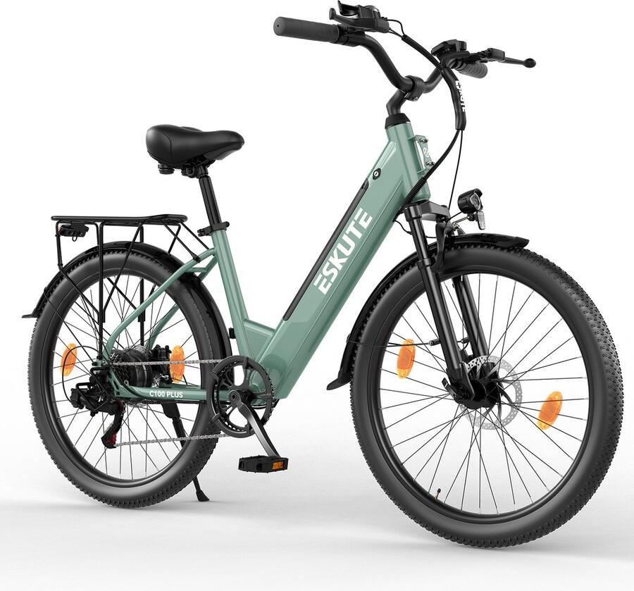 Eskute E-bike 26 inch elektrische fiets E-stadsfiets 250W achtermotor 36V 13Ah verwisselbare accu tot 100km LCD-display lage instap E-stadsfiets voor en volwassenen Cyaan