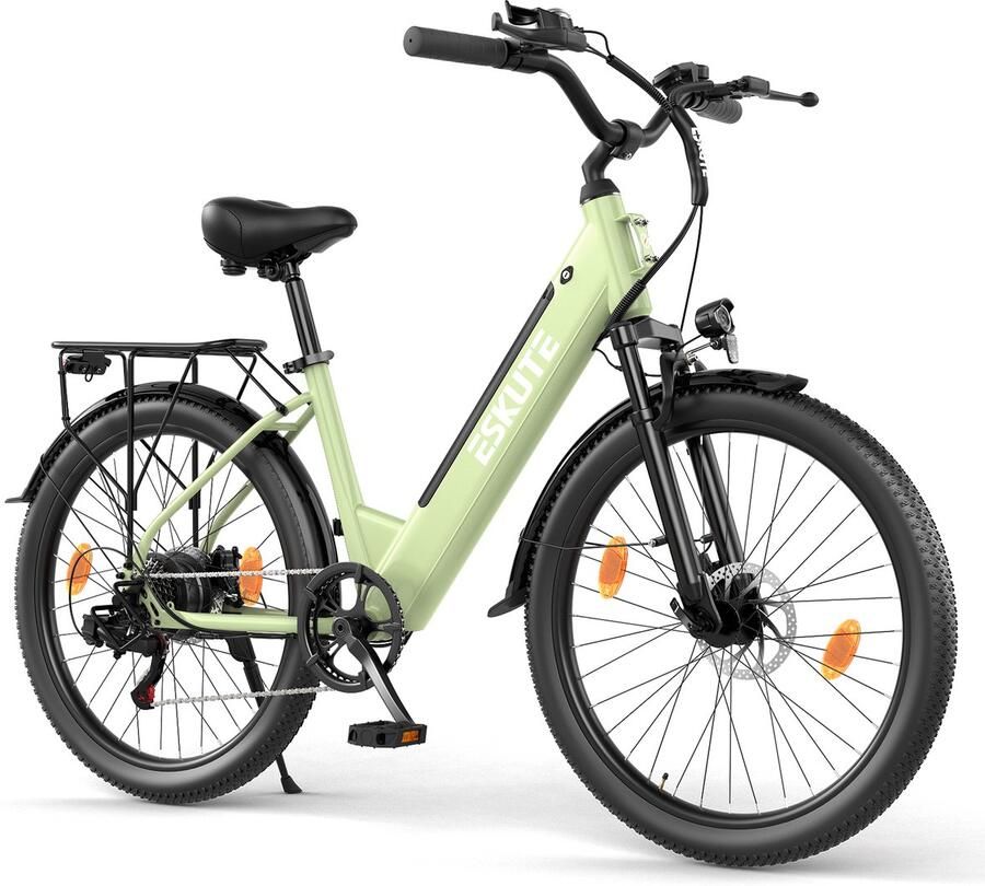 Eskute E-bike 26 inch elektrische fiets E-stadsfiets 250W achtermotor 36V 13Ah verwisselbare accu tot 100km LCD-display lage instap E-stadsfiets voor en volwassenen-Groente