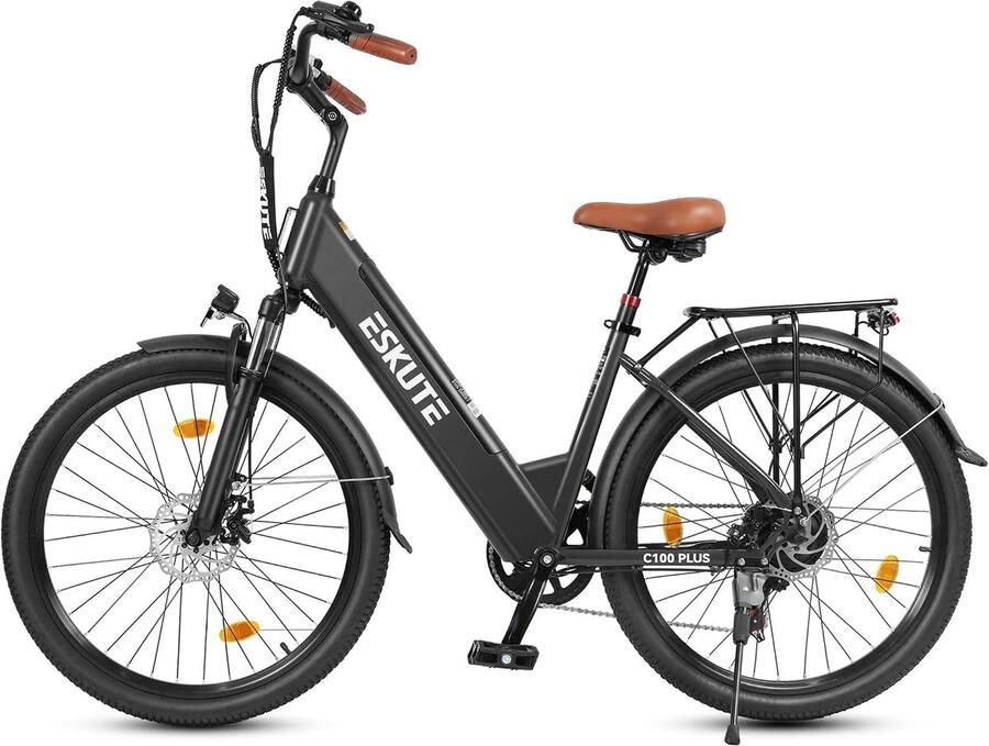 Eskute E-bike 26 inch elektrische fiets E-stadsfiets 250W achtermotor 36V 13Ah verwisselbare accu tot 100km LCD-display lage instap E-stadsfiets voor en volwassenen Zwart
