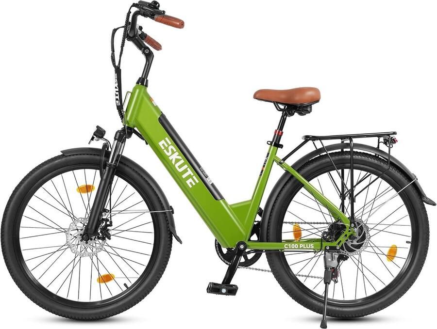Eskute E-bike 26 inch elektrische fiets E-stadsfiets 250W achtermotor 36V 13Ah verwisselbare accu tot 100km LCD-display lage instap E-stadsfiets voor en volwassenen Groente